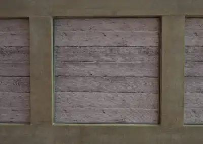 Graue Holzwand mit vertikalen und horizontalen Paneelen, zeigt eine rustikale Textur und natürliche Maserung.