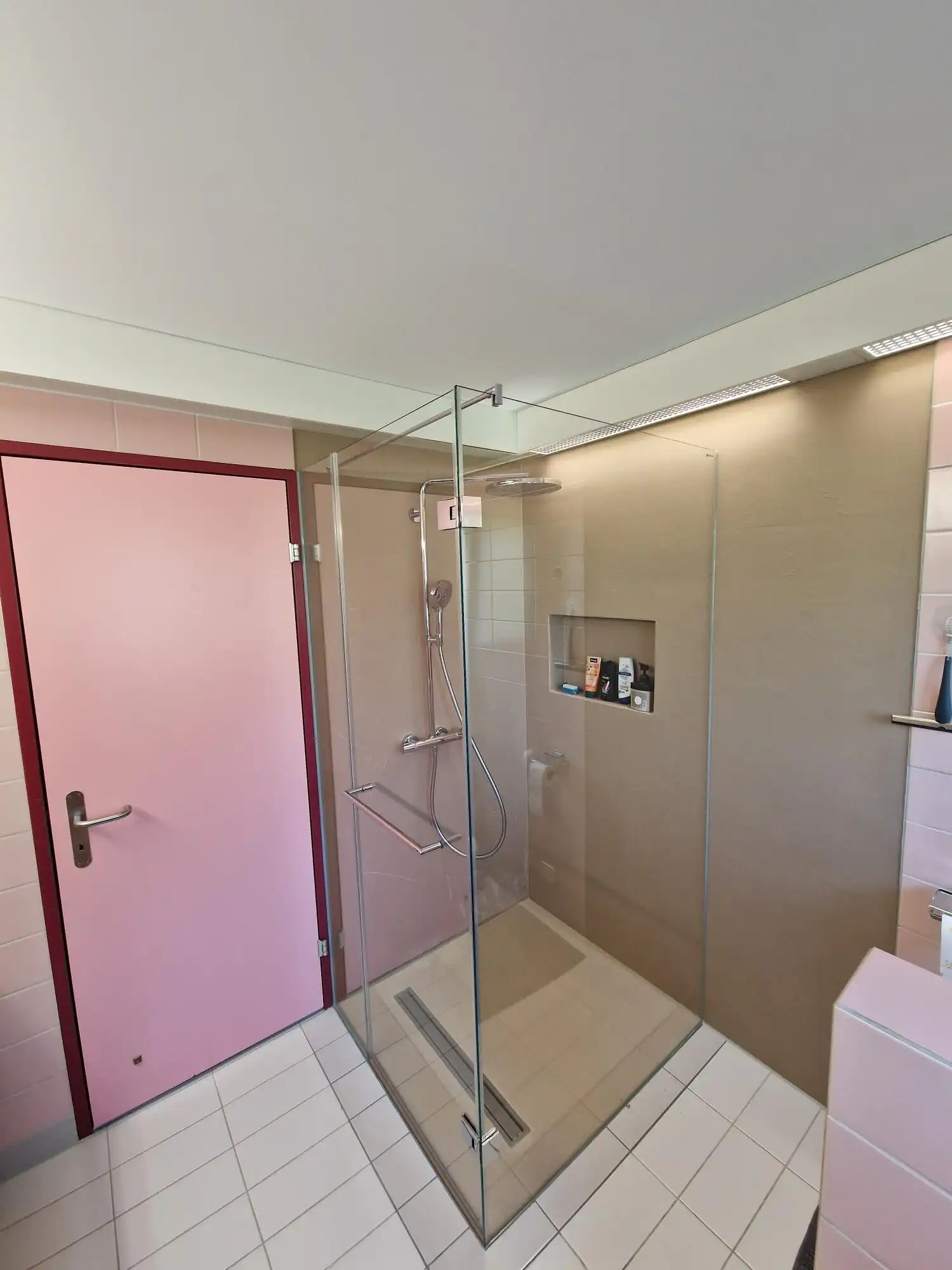 Moderne Dusche mit Glaswand und rosa Tür in elegantem Badezimmer.