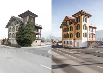 Vorher-Nachher-Vergleich eines renovierten Hauses an einer Straßenecke, links alt und verwittert, rechts frisch und restauriert.
