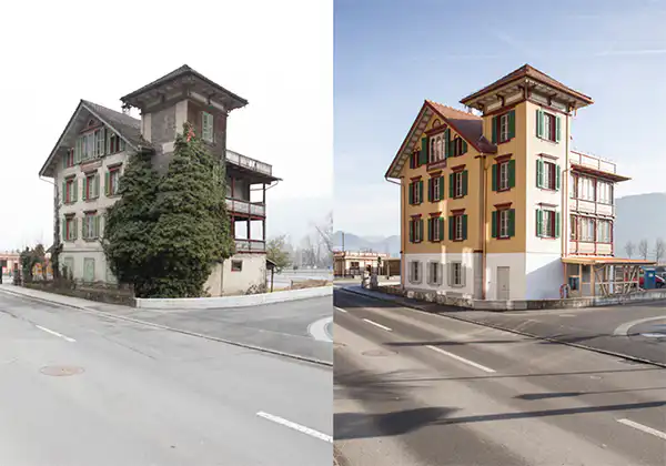 Vorher-Nachher-Vergleich eines renovierten Hauses an einer Straßenecke, links alt und verwittert, rechts frisch und restauriert.