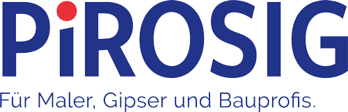 Logo von Pirosig mit dem Slogan Für Maler, Gipser und Bauprofis in blauer Schrift auf hellem Hintergrund.