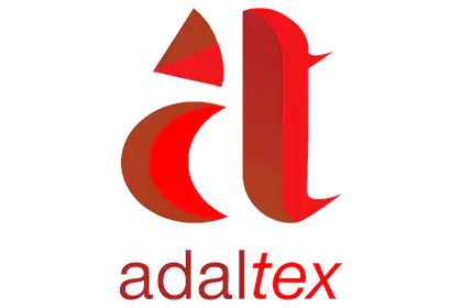 Rotes adatex-Logo mit stilisierten Buchstaben a und t, modern und dynamisch gestaltet.