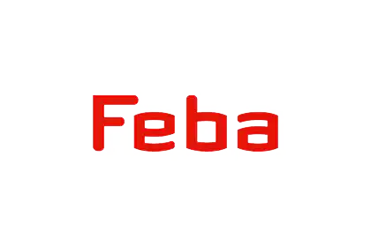 „Feba“-Logo in roter Schrift, minimalistisches Design auf weißem Hintergrund. Markenidentität und Firmenlogo-Design.