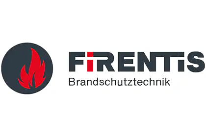 Logo von Firentis Brandschutztechnik mit roter Flamme auf schwarzem Kreis.