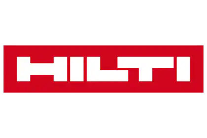 Hilti-Logo in Rot, repräsentiert ein führendes Unternehmen für Befestigungs- und Abbautechnik in der Bauindustrie.