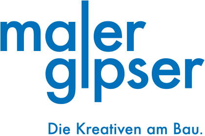 Logo von malerglser mit Slogan Die Kreativen am Bau in blauer Schrift auf weißem Hintergrund.