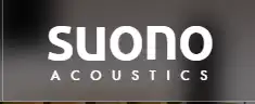 Suono Acoustics Logo auf grauem Hintergrund, modernes Design für hochwertige Audio-Technologie.